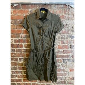 LOLË • Army Green Linen Cotton Blend Short Sleeve Belt Buttoned Utility Fashion